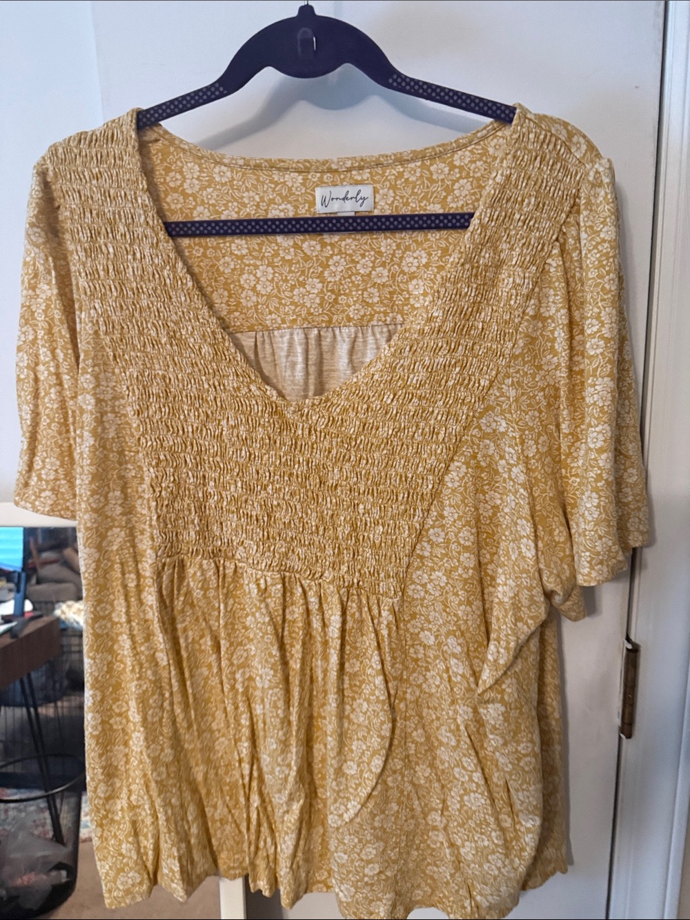 Wonderly Mustard Floral Smocked V-Neck Tunic
